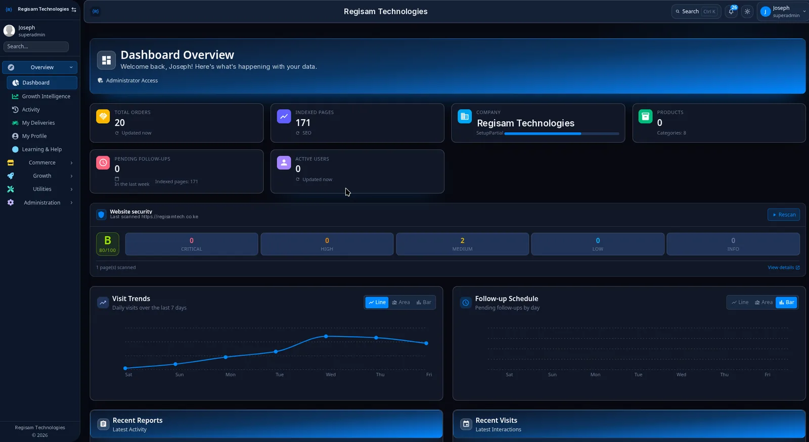 RegEx dashboard showing orders, products, website security and visit trends