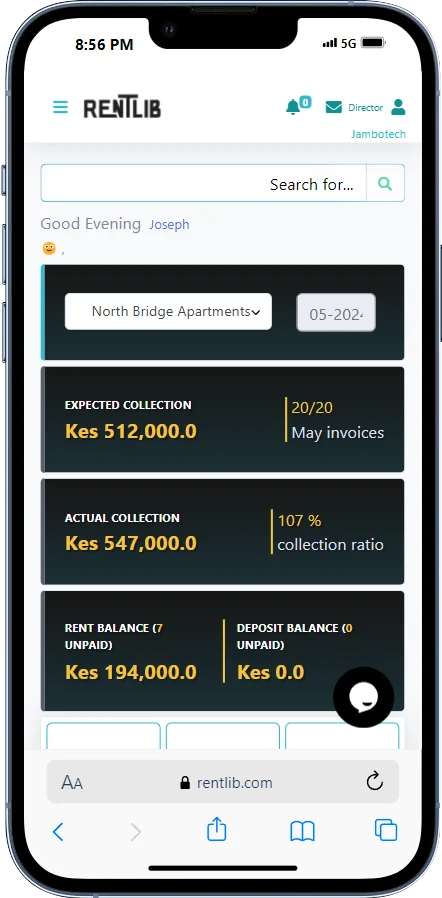 RentLib on a phone showing expected and actual rent collection